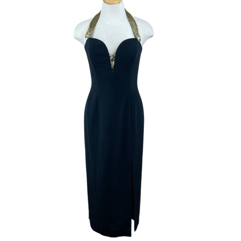 Vintage CACHE Womens‎ (10) 90s Gold Beaded Plunge Formal Dress Corset Maxi
